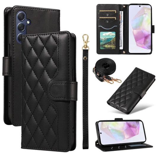 For Samsung Galaxy A35 5G Case Wallet Rhombus Leather Phone Cover with Shoulder Strap, Wrist Strap