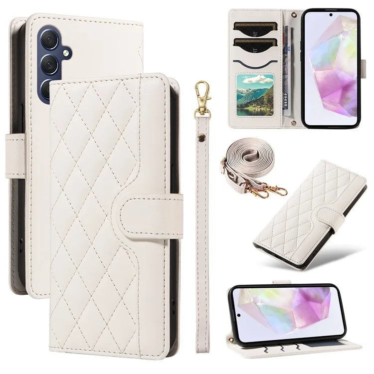 For Samsung Galaxy A35 5G Case Wallet Rhombus Leather Phone Cover with Shoulder Strap, Wrist Strap