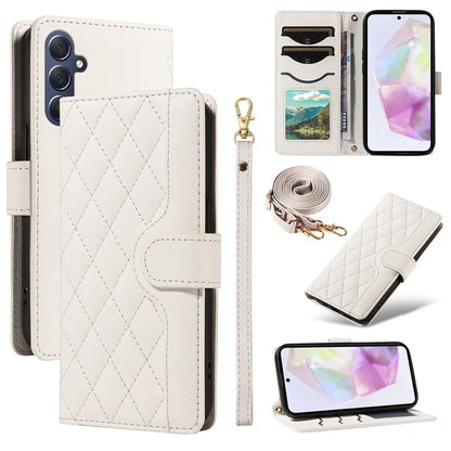 For Samsung Galaxy A35 5G Case Wallet Rhombus Leather Phone Cover with Shoulder Strap, Wrist Strap
