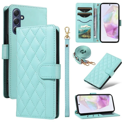 For Samsung Galaxy A35 5G Case Wallet Rhombus Leather Phone Cover with Shoulder Strap, Wrist Strap