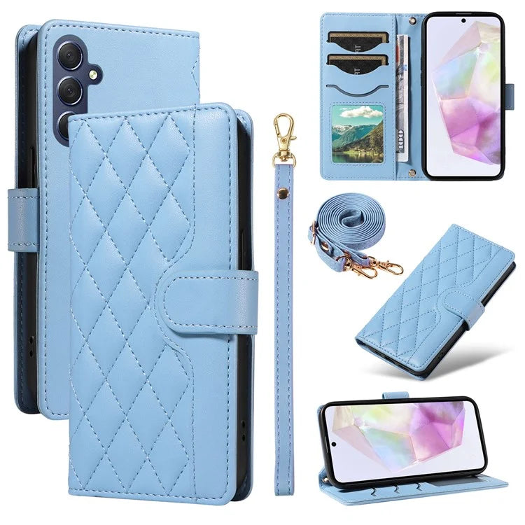 For Samsung Galaxy A35 5G Case Wallet Rhombus Leather Phone Cover with Shoulder Strap, Wrist Strap