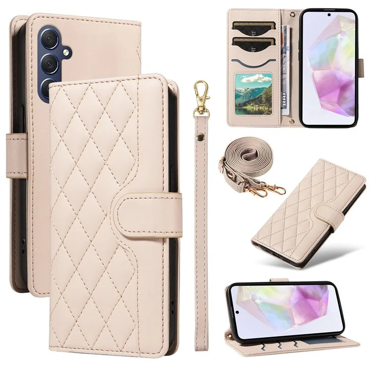 For Samsung Galaxy A35 5G Case Wallet Rhombus Leather Phone Cover with Shoulder Strap, Wrist Strap