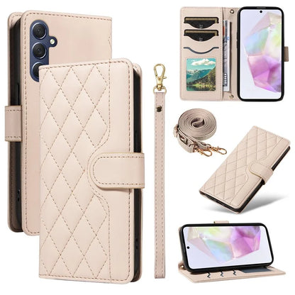 For Samsung Galaxy A35 5G Case Wallet Rhombus Leather Phone Cover with Shoulder Strap, Wrist Strap