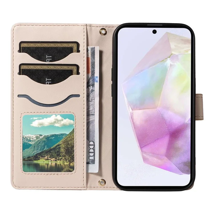 For Samsung Galaxy A35 5G Case Wallet Rhombus Leather Phone Cover with Shoulder Strap, Wrist Strap