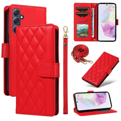For Samsung Galaxy A35 5G Case Wallet Rhombus Leather Phone Cover with Shoulder Strap, Wrist Strap