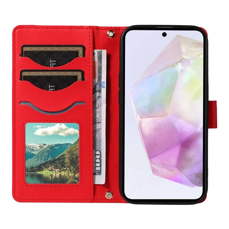 For Samsung Galaxy A35 5G Case Wallet Rhombus Leather Phone Cover with Shoulder Strap, Wrist Strap