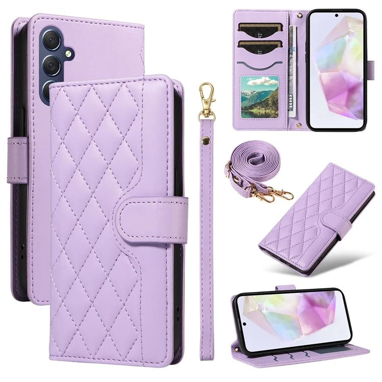 For Samsung Galaxy A35 5G Case Wallet Rhombus Leather Phone Cover with Shoulder Strap, Wrist Strap