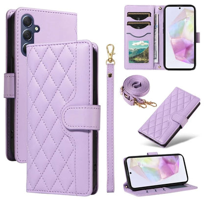 For Samsung Galaxy A35 5G Case Wallet Rhombus Leather Phone Cover with Shoulder Strap, Wrist Strap