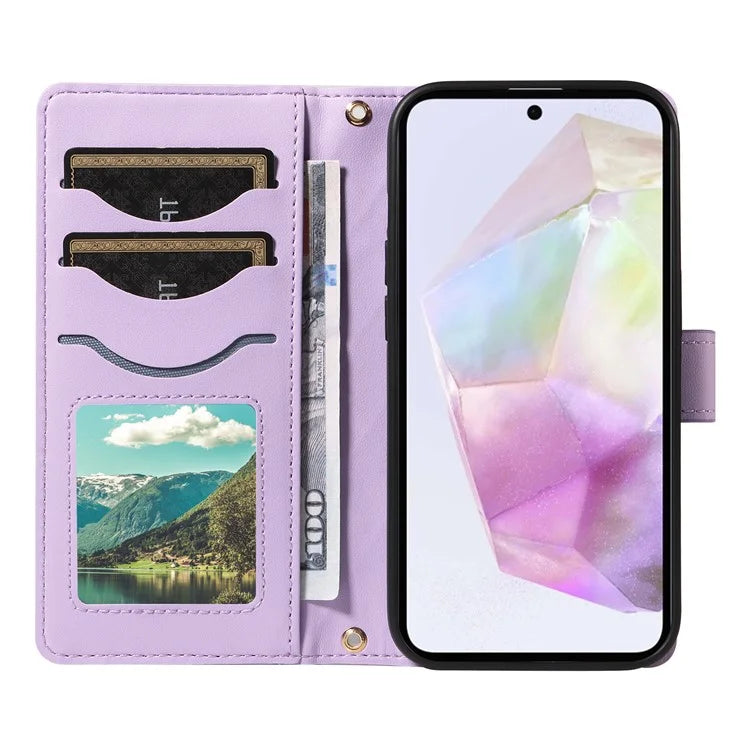 For Samsung Galaxy A35 5G Case Wallet Rhombus Leather Phone Cover with Shoulder Strap, Wrist Strap