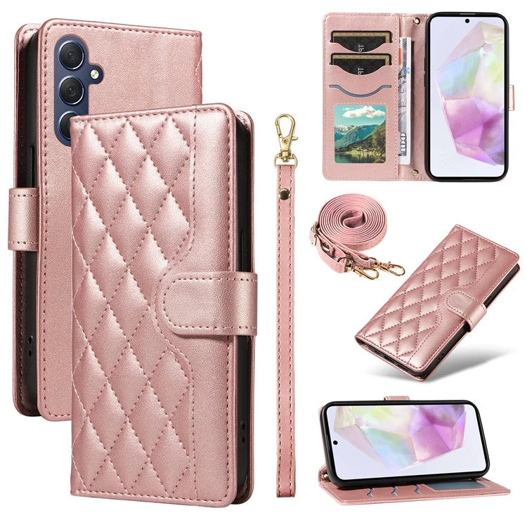 For Samsung Galaxy A35 5G Case Wallet Rhombus Leather Phone Cover with Shoulder Strap, Wrist Strap