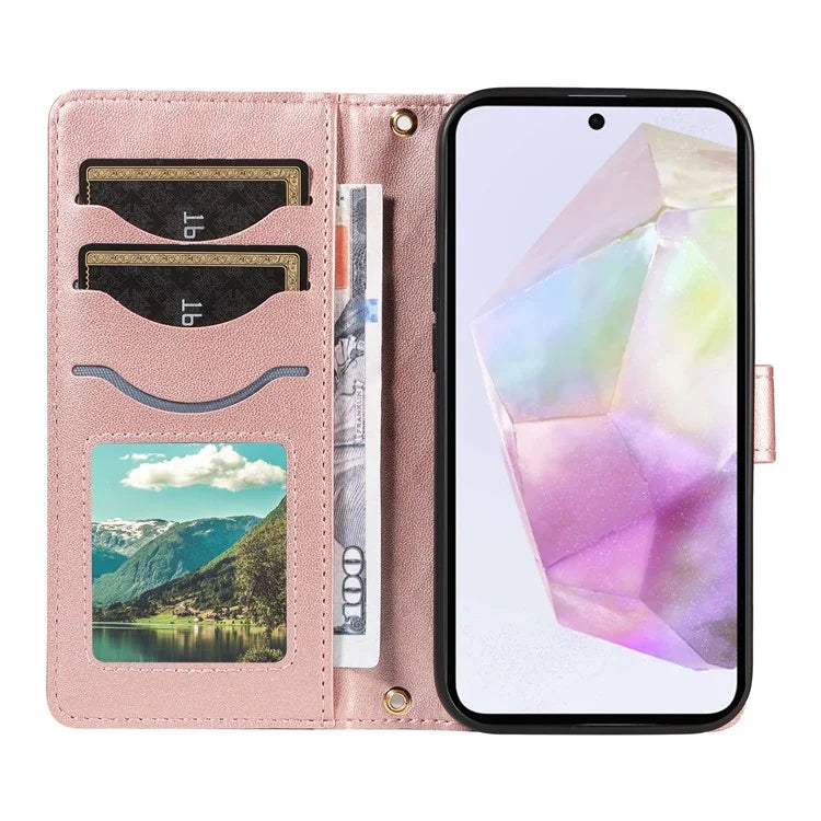 For Samsung Galaxy A35 5G Case Wallet Rhombus Leather Phone Cover with Shoulder Strap, Wrist Strap
