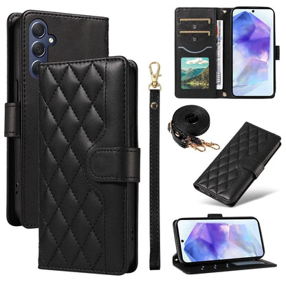 For Samsung Galaxy A55 5G Case Wallet Rhombus Leather Phone Cover with Shoulder Strap, Wrist Strap
