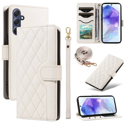 For Samsung Galaxy A55 5G Case Wallet Rhombus Leather Phone Cover with Shoulder Strap, Wrist Strap