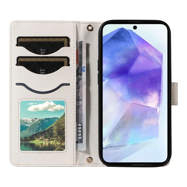 For Samsung Galaxy A55 5G Case Wallet Rhombus Leather Phone Cover with Shoulder Strap, Wrist Strap