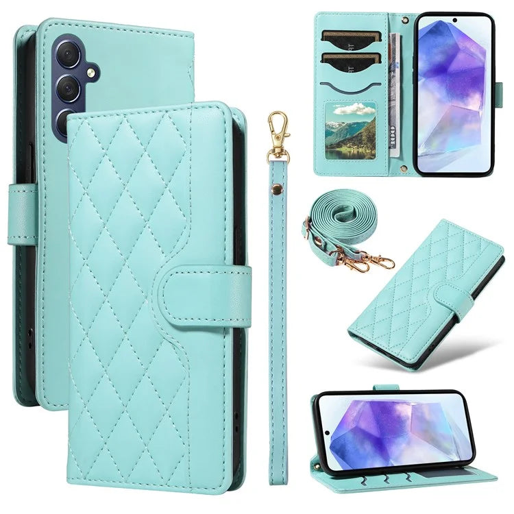 For Samsung Galaxy A55 5G Case Wallet Rhombus Leather Phone Cover with Shoulder Strap, Wrist Strap