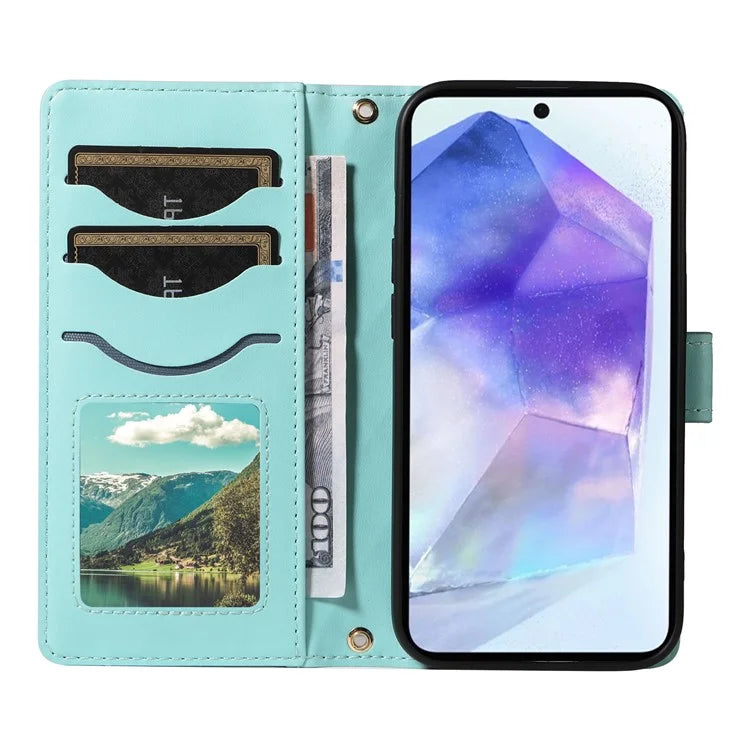 For Samsung Galaxy A55 5G Case Wallet Rhombus Leather Phone Cover with Shoulder Strap, Wrist Strap