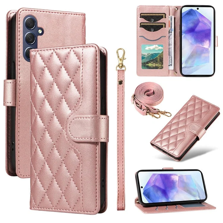 For Samsung Galaxy A55 5G Case Wallet Rhombus Leather Phone Cover with Shoulder Strap, Wrist Strap