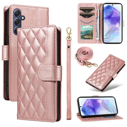 For Samsung Galaxy A55 5G Case Wallet Rhombus Leather Phone Cover with Shoulder Strap, Wrist Strap