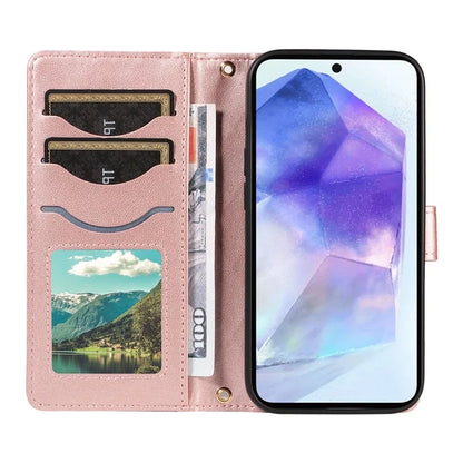 For Samsung Galaxy A55 5G Case Wallet Rhombus Leather Phone Cover with Shoulder Strap, Wrist Strap