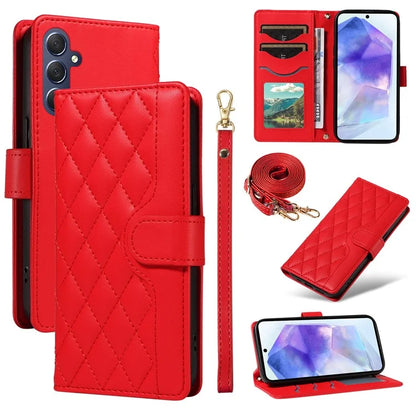For Samsung Galaxy A55 5G Case Wallet Rhombus Leather Phone Cover with Shoulder Strap, Wrist Strap