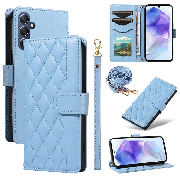 For Samsung Galaxy A55 5G Case Wallet Rhombus Leather Phone Cover with Shoulder Strap, Wrist Strap