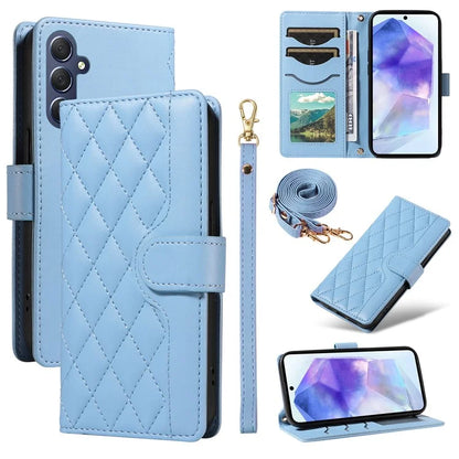 For Samsung Galaxy A55 5G Case Wallet Rhombus Leather Phone Cover with Shoulder Strap, Wrist Strap