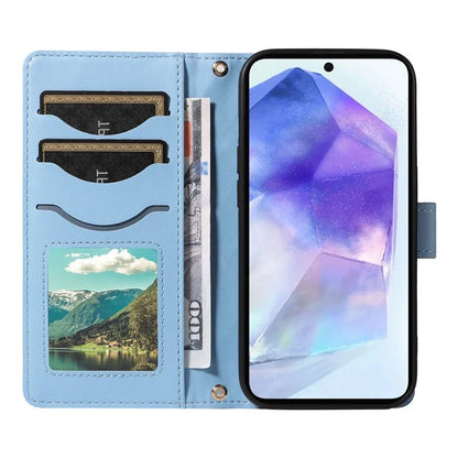 For Samsung Galaxy A55 5G Case Wallet Rhombus Leather Phone Cover with Shoulder Strap, Wrist Strap
