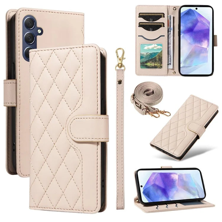 For Samsung Galaxy A55 5G Case Wallet Rhombus Leather Phone Cover with Shoulder Strap, Wrist Strap