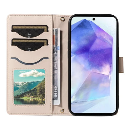 For Samsung Galaxy A55 5G Case Wallet Rhombus Leather Phone Cover with Shoulder Strap, Wrist Strap