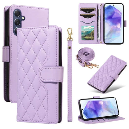 For Samsung Galaxy A55 5G Case Wallet Rhombus Leather Phone Cover with Shoulder Strap, Wrist Strap