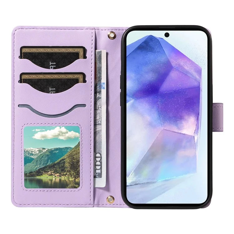 For Samsung Galaxy A55 5G Case Wallet Rhombus Leather Phone Cover with Shoulder Strap, Wrist Strap