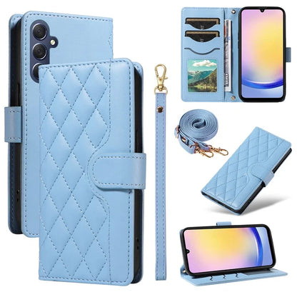 For Samsung Galaxy A25 5G (Global) (161.0 X 76.5 X 8.3mm) Case Wallet Rhombus Leather Phone Cover with Shoulder Strap, Wrist Strap