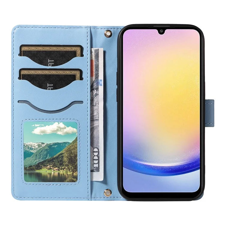 For Samsung Galaxy A25 5G (Global) (161.0 X 76.5 X 8.3mm) Case Wallet Rhombus Leather Phone Cover with Shoulder Strap, Wrist Strap