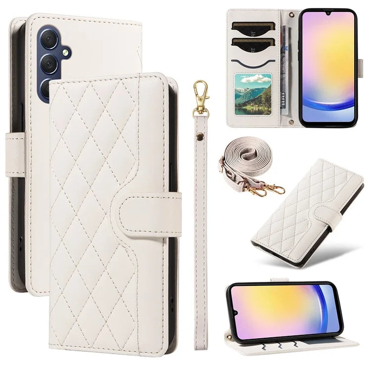 For Samsung Galaxy A25 5G (Global) (161.0 X 76.5 X 8.3mm) Case Wallet Rhombus Leather Phone Cover with Shoulder Strap, Wrist Strap