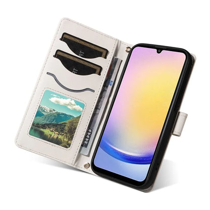For Samsung Galaxy A25 5G (Global) (161.0 X 76.5 X 8.3mm) Case Wallet Rhombus Leather Phone Cover with Shoulder Strap, Wrist Strap