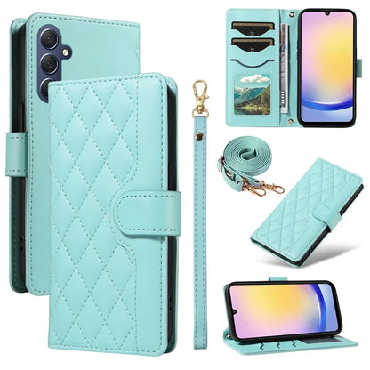 For Samsung Galaxy A25 5G (Global) (161.0 X 76.5 X 8.3mm) Case Wallet Rhombus Leather Phone Cover with Shoulder Strap, Wrist Strap