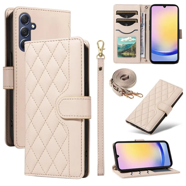 For Samsung Galaxy A25 5G (Global) (161.0 X 76.5 X 8.3mm) Case Wallet Rhombus Leather Phone Cover with Shoulder Strap, Wrist Strap