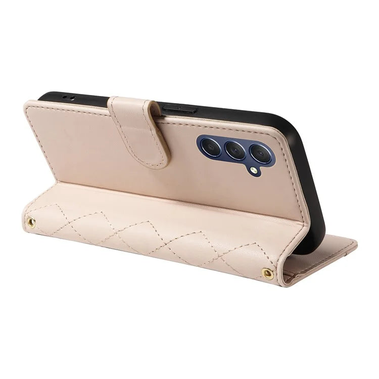 For Samsung Galaxy A25 5G (Global) (161.0 X 76.5 X 8.3mm) Case Wallet Rhombus Leather Phone Cover with Shoulder Strap, Wrist Strap