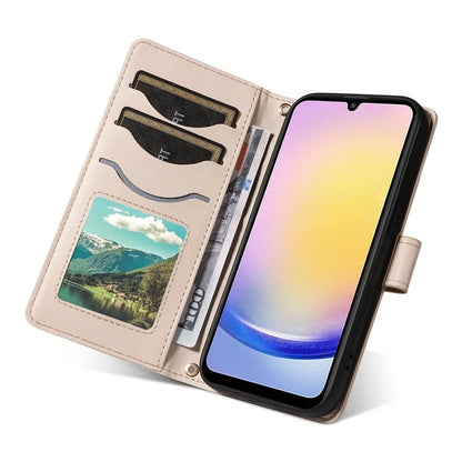 For Samsung Galaxy A25 5G (Global) (161.0 X 76.5 X 8.3mm) Case Wallet Rhombus Leather Phone Cover with Shoulder Strap, Wrist Strap