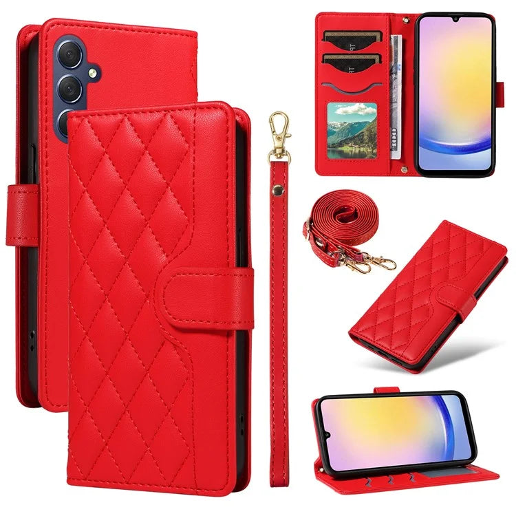For Samsung Galaxy A25 5G (Global) (161.0 X 76.5 X 8.3mm) Case Wallet Rhombus Leather Phone Cover with Shoulder Strap, Wrist Strap