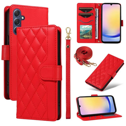 For Samsung Galaxy A25 5G (Global) (161.0 X 76.5 X 8.3mm) Case Wallet Rhombus Leather Phone Cover with Shoulder Strap, Wrist Strap
