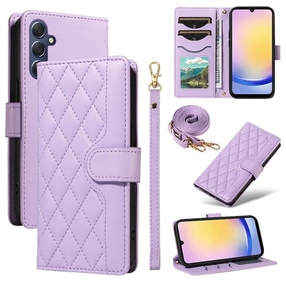 For Samsung Galaxy A25 5G (Global) (161.0 X 76.5 X 8.3mm) Case Wallet Rhombus Leather Phone Cover with Shoulder Strap, Wrist Strap