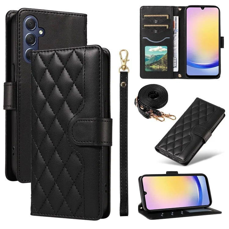 For Samsung Galaxy A25 5G (Global) (161.0 X 76.5 X 8.3mm) Case Wallet Rhombus Leather Phone Cover with Shoulder Strap, Wrist Strap