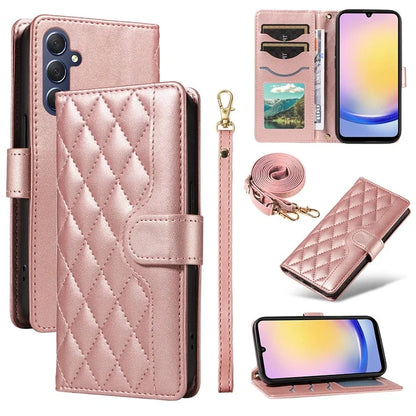 For Samsung Galaxy A25 5G (Global) (161.0 X 76.5 X 8.3mm) Case Wallet Rhombus Leather Phone Cover with Shoulder Strap, Wrist Strap