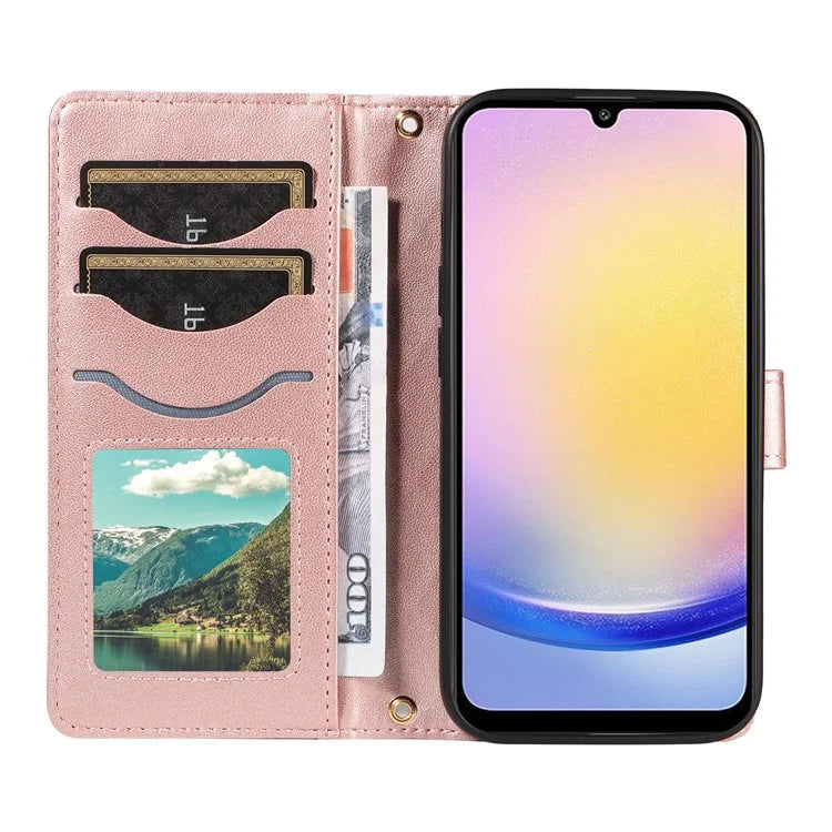For Samsung Galaxy A25 5G (Global) (161.0 X 76.5 X 8.3mm) Case Wallet Rhombus Leather Phone Cover with Shoulder Strap, Wrist Strap