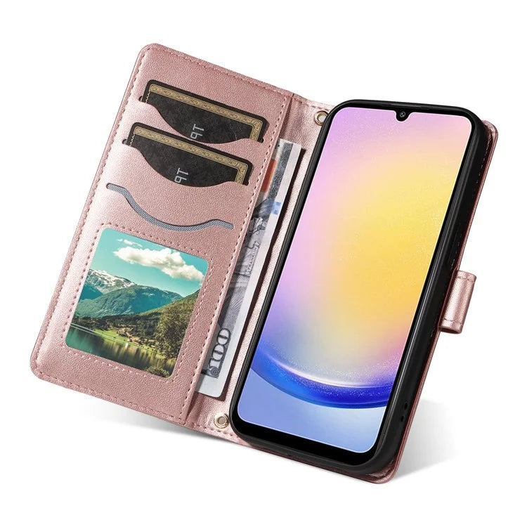 For Samsung Galaxy A25 5G (Global) (161.0 X 76.5 X 8.3mm) Case Wallet Rhombus Leather Phone Cover with Shoulder Strap, Wrist Strap