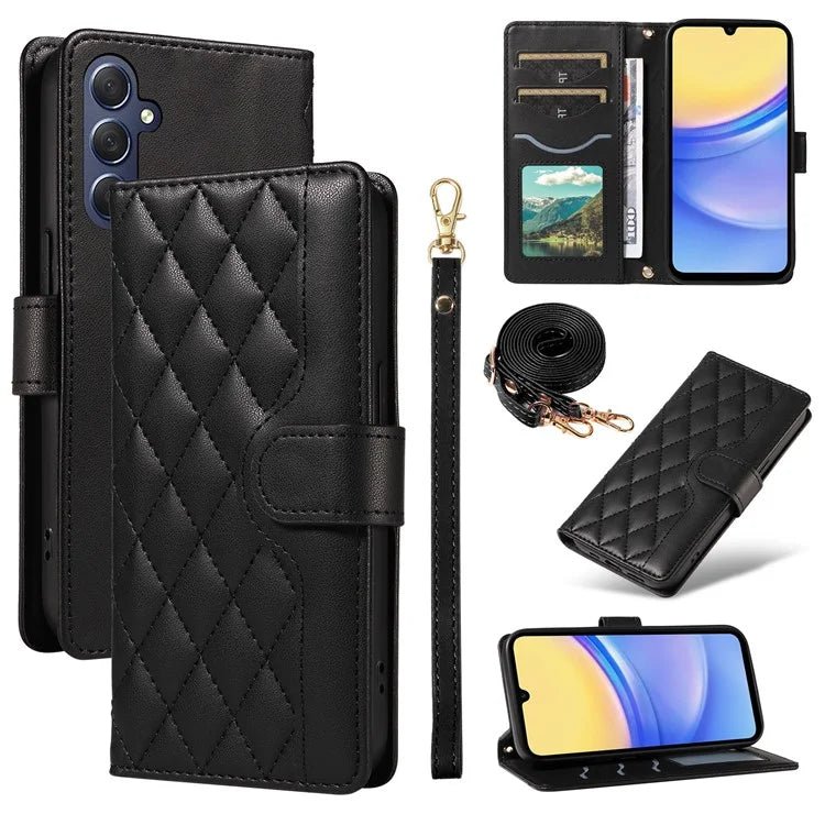 For Samsung Galaxy A15 4G / 5G Case Wallet Rhombus Leather Phone Cover with Shoulder Strap, Wrist Strap