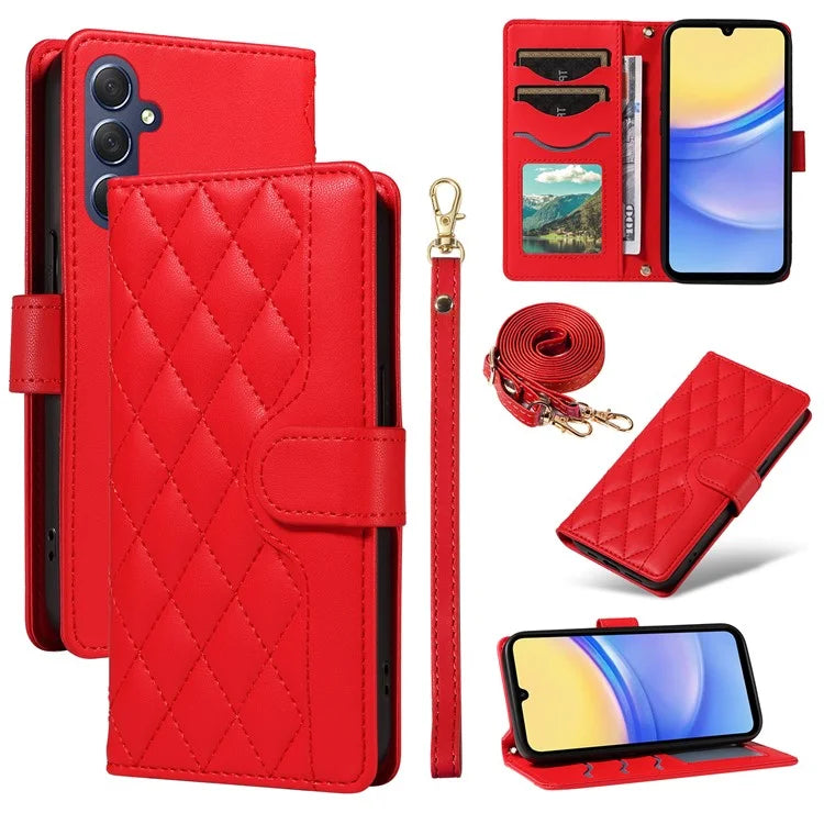 For Samsung Galaxy A15 4G / 5G Case Wallet Rhombus Leather Phone Cover with Shoulder Strap, Wrist Strap