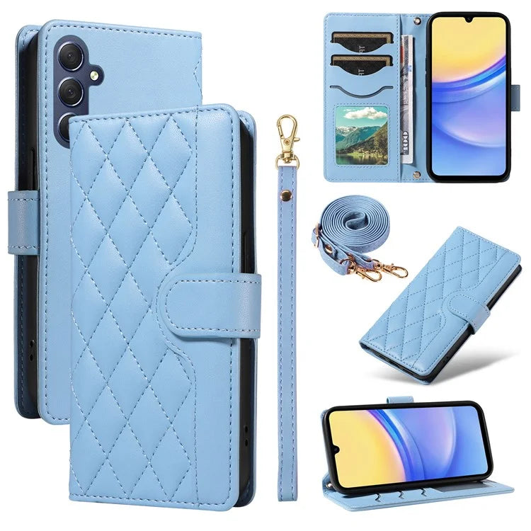 For Samsung Galaxy A15 4G / 5G Case Wallet Rhombus Leather Phone Cover with Shoulder Strap, Wrist Strap