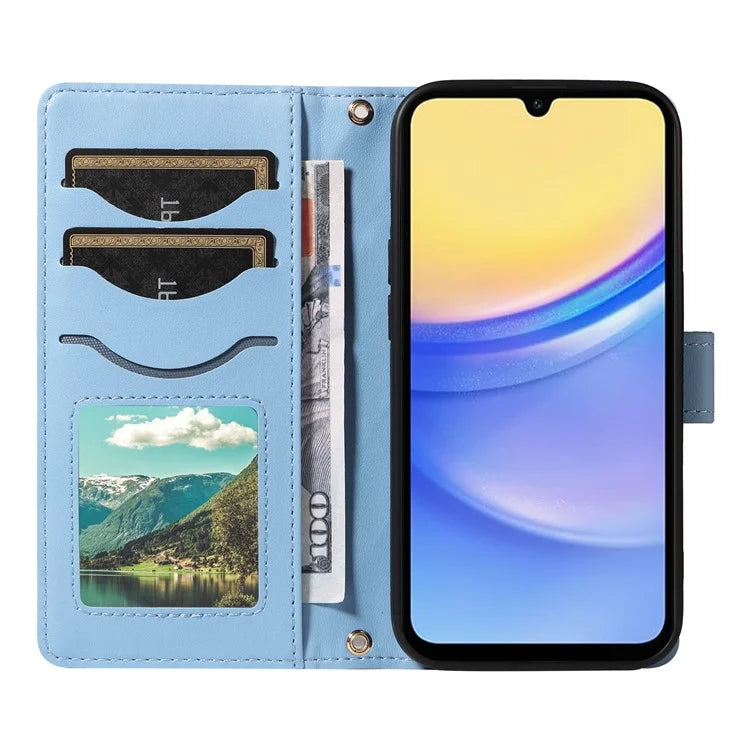 For Samsung Galaxy A15 4G / 5G Case Wallet Rhombus Leather Phone Cover with Shoulder Strap, Wrist Strap